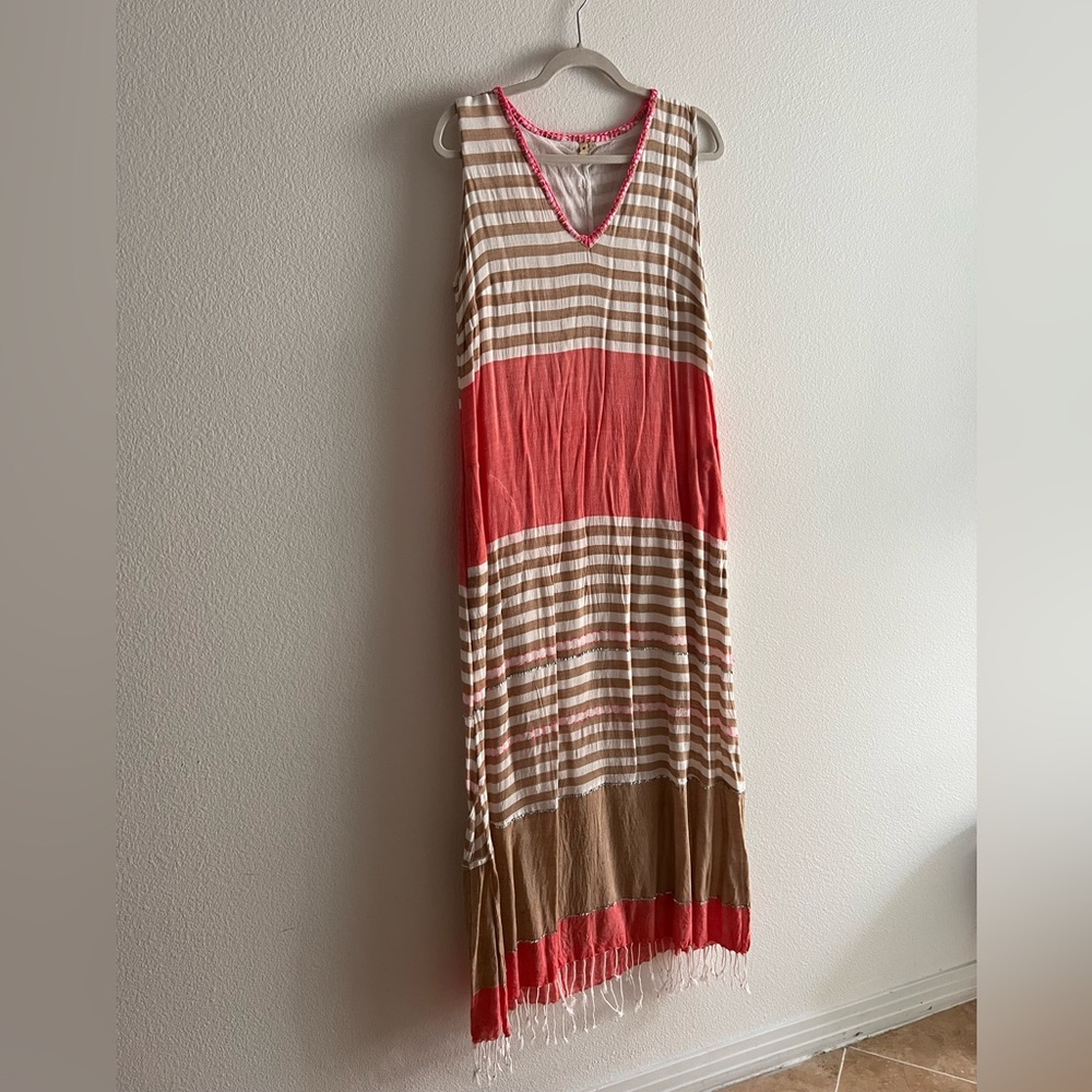Striped Sleeveless Maxi Dress - pink, Brown, and Tan